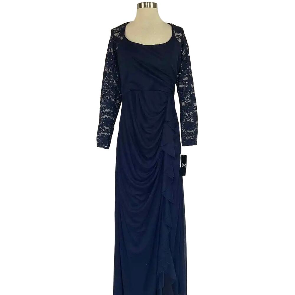 Xscape Navy Long Lace-Sleeve Evening Gown